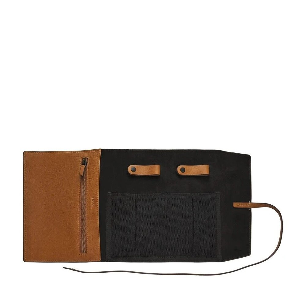 Fossil Mens Leather Tech Wrap Travel Organizer With Snap Closures Zipper Pocket
